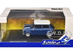 1994 Mini Cooper Sport Tahiti Blue Metallic with White Top and Stripes 1/43 Diecast Model Car by Solido