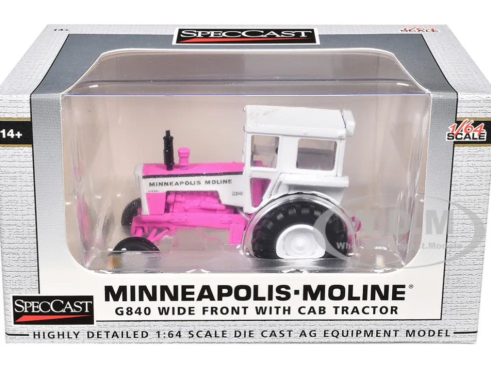 Minneapolis Moline G840 Wide Front Tractor with Cab Hot Pink and White 1/64 Diecast Model by SpecCast