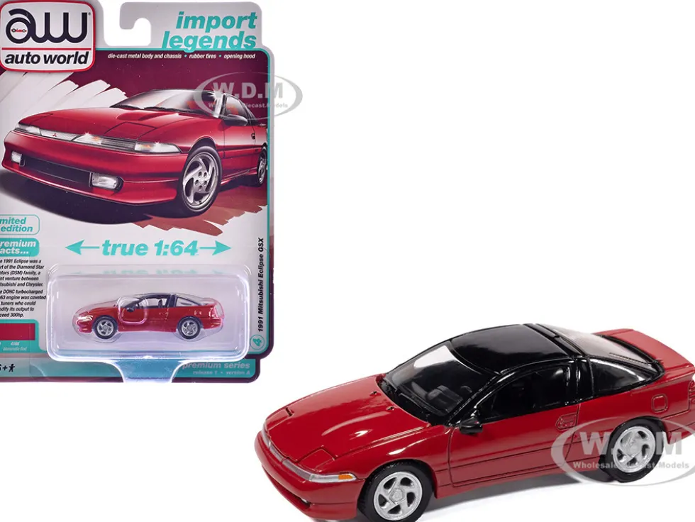 1991 Mitsubishi Eclipse GSX Maranello Red with Black Top "Import Legends" Series 1/64 Diecast Model Car by Auto World