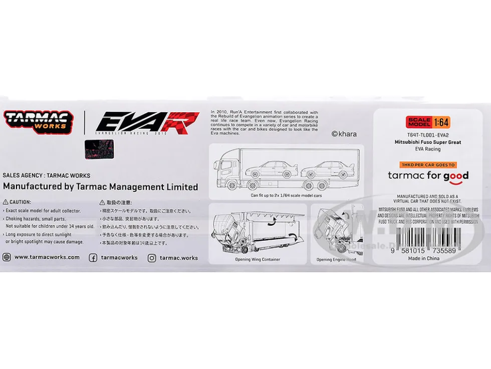Mitsubishi Fuso Super Great Truck with Transporter "EVA Racing" White with Graphics "Truck64" Series 1/64 Diecast Model Car by Tarmac Works