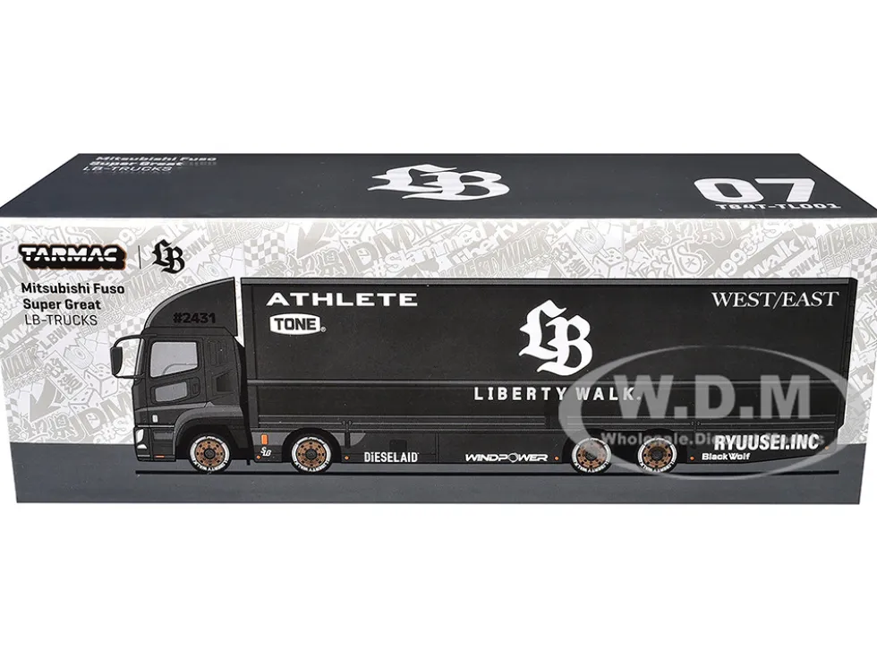 Mitsubishi Fuso Super Great Truck RHD (Right Hand Drive) with Transporter "Liberty Walk" Black "Truck64" Series 1/64 Diecast Model Car by Tarmac Works