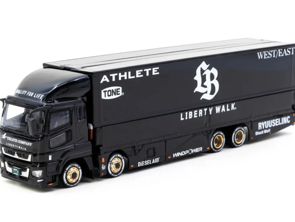 Mitsubishi Fuso Super Great Truck RHD (Right Hand Drive) with Transporter "Liberty Walk" Black "Truck64" Series 1/64 Diecast Model Car by Tarmac Works