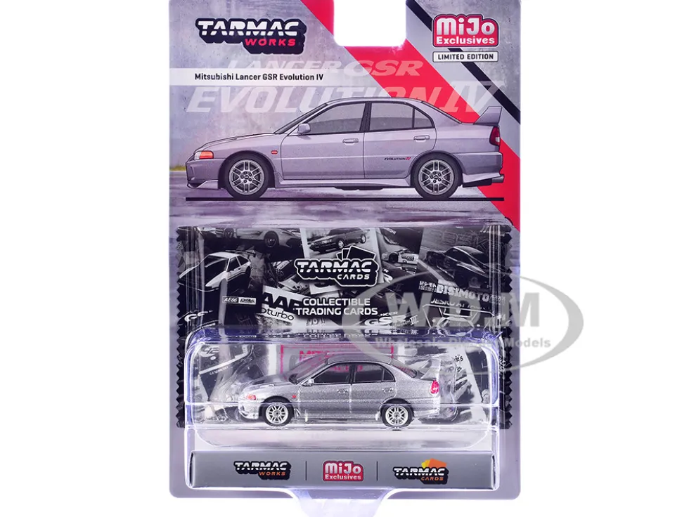 Mitsubishi Lancer Evolution IV Silver Metallic with Tarmac Cards "Global64" Series 1/64 Diecast Model by Tarmac Works