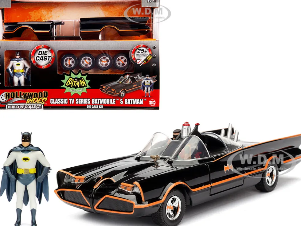 Model Kit Classic Batmobile Black Batman Diecast Figure Batman 1966-1968 TV Series Build N' Collect 1/24 Diecast Model Car Jada 30873