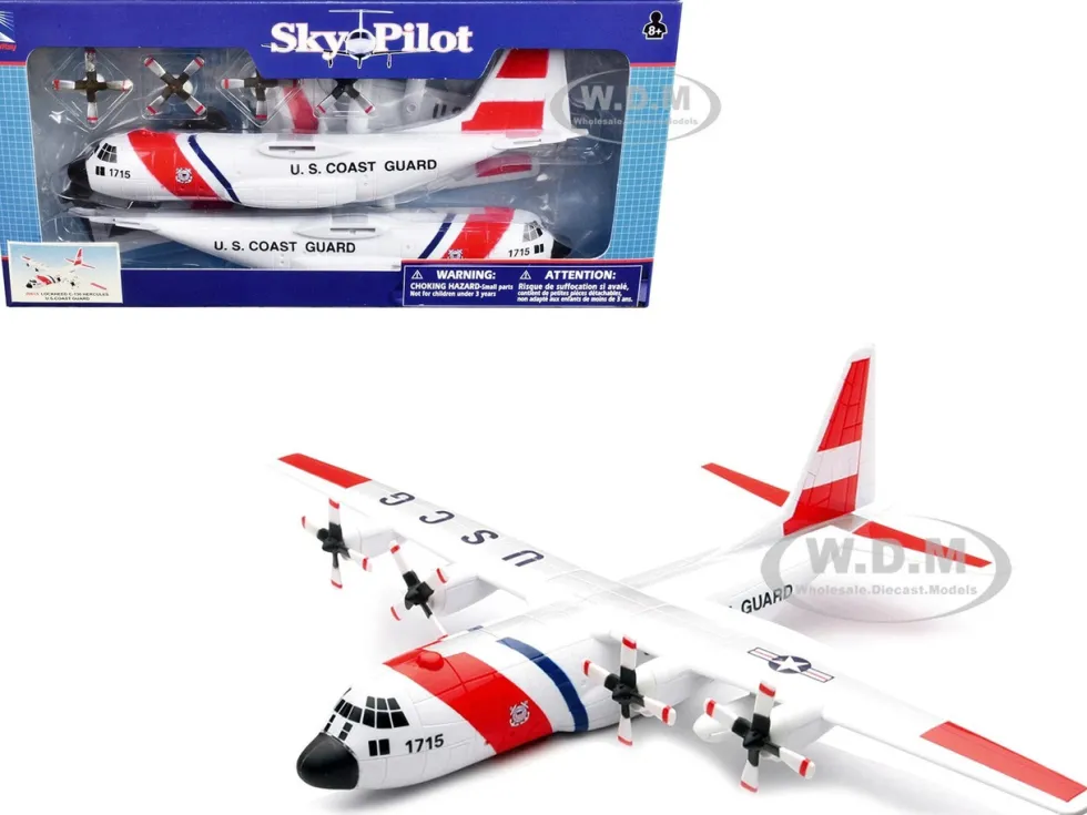 Model Kit Lockheed C 130 Hercules Transport Aircraft White and Red United States Coast Guard Snap Together Plastic Model Kit New Ray 20617