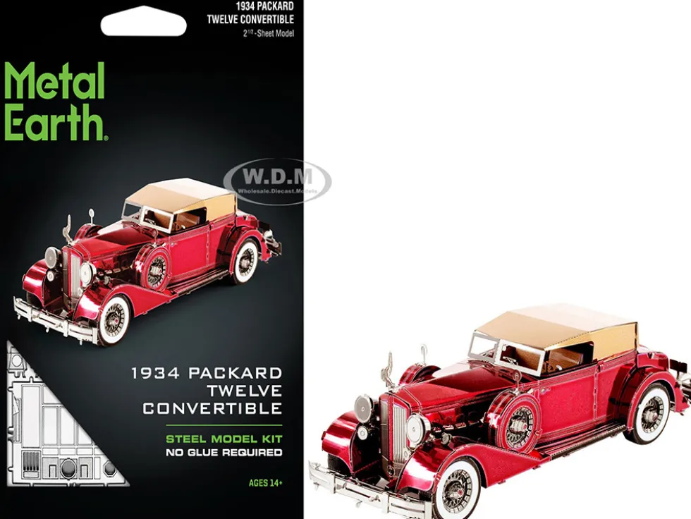 Model Kit 1934 Packard Twelve Convertible Red with Tan Soft Top (Moderate Difficulty) Steel Model by Metal Earth