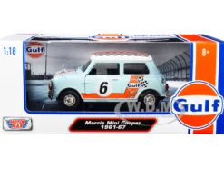 1961-1967 Morris Mini Cooper RHD Right Hand Drive #6 Gulf Oil Light Blue Orange Stripes Checkered Top City Classics Series 1/18 Diecast Model Car Motormax 79743