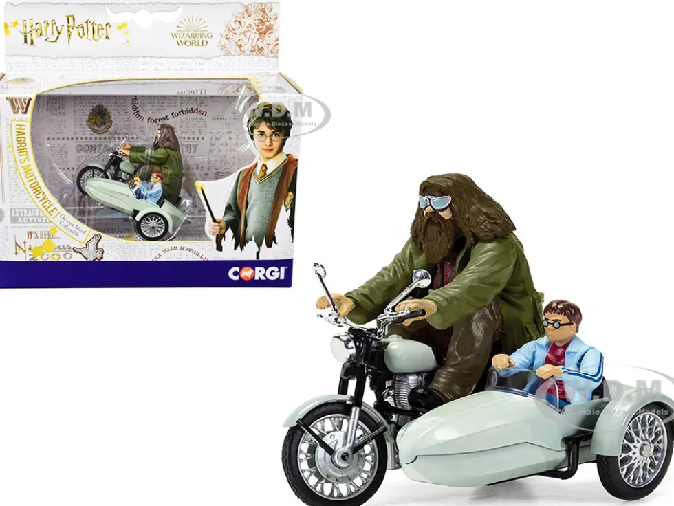 Motorcycle and Sidecar Light Green with Harry and Hagrid Figures Harry Potter and the Deathly Hallows Part 1 2010 Movie Diecast Motorcycle Model by Corgi CC99727