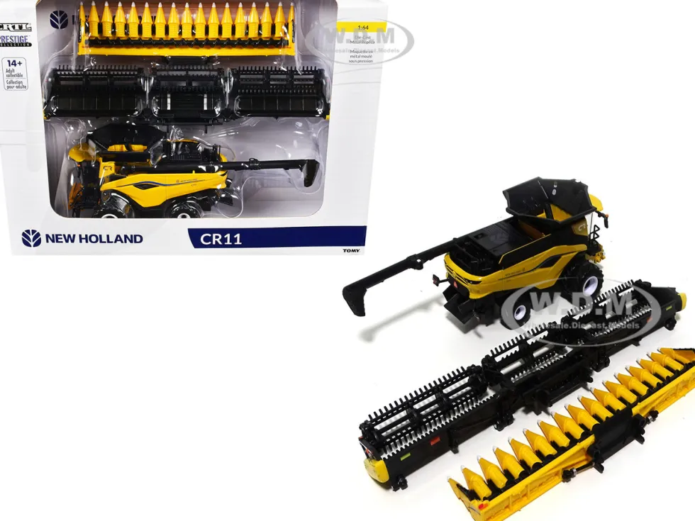 New Holland CR11 Dual-Wheeled Combine with 16-Row Corn Head and Draper Grain Head Yellow "Prestige Collection" Series 1/64 Diecast Model by ERTL TOMY