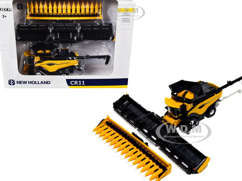 New Holland CR11 Tracked Combine with 16-Row Corn Head and Draper Grain Head Yellow 1/64 Diecast Model by ERTL TOMY