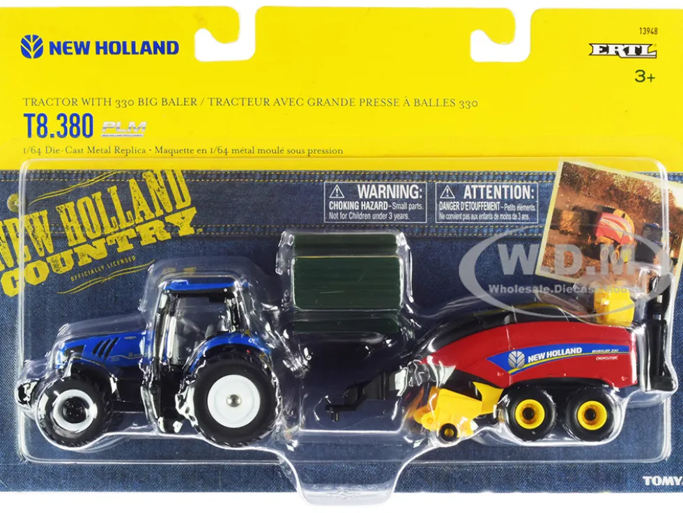 New Holland T8.380 Genesis Tractor Blue New Holland Big Baler 330 Red 3 Bales Set 3 pieces 1/64 Diecast Models ERTL TOMY 13948