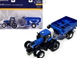 New Holland T8.385 Tractor with J&M Grain Cart Blue 1/64 Diecast Model by ERTL TOMY