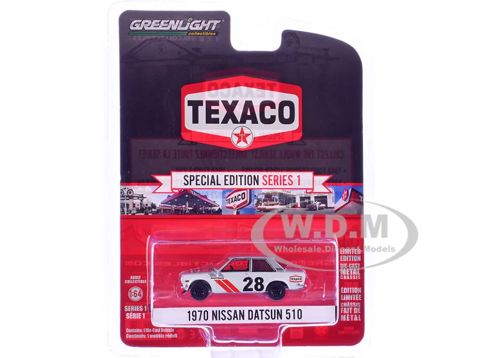 1970 Nissan Datsun 510 #28 "Texaco" Silver Metallic and White with Red Stripes "Texaco Special Edition" Series 1 1/64 Diecast Model Car by Greenlight