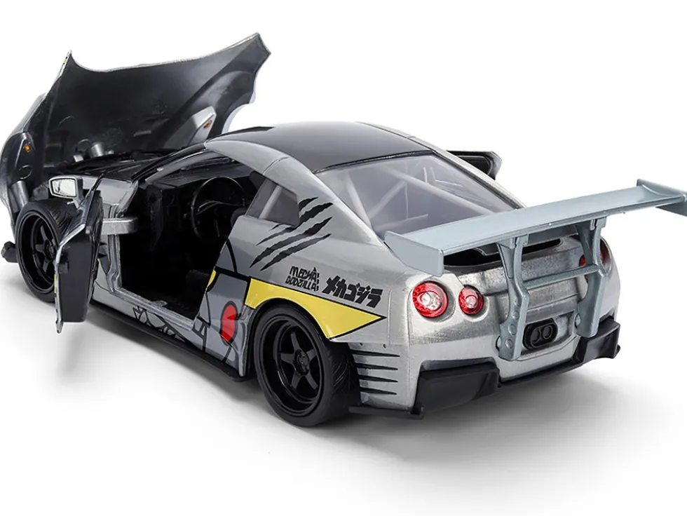 2009 Nissan GT-R (R35) Ben Sopra Brushed Metal with Black Top and Graphics and Mechagodzilla Diecast Figure "Godzilla" Franchise "Anime Hollywood Rides" Series 1/24 Diecast Model by Jada