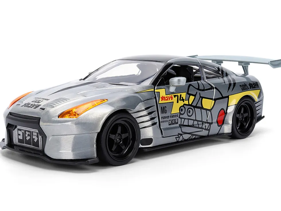 2009 Nissan GT-R (R35) Ben Sopra Brushed Metal with Black Top and Graphics and Mechagodzilla Diecast Figure "Godzilla" Franchise "Anime Hollywood Rides" Series 1/24 Diecast Model by Jada