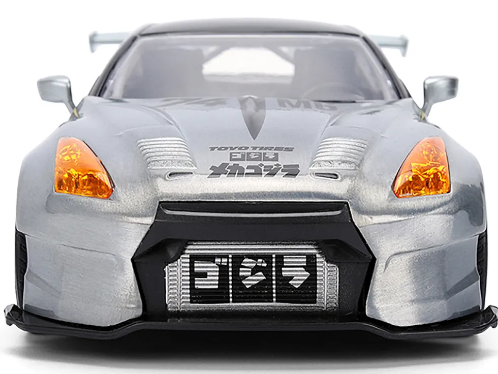 2009 Nissan GT-R (R35) Ben Sopra Brushed Metal with Black Top and Graphics and Mechagodzilla Diecast Figure "Godzilla" Franchise "Anime Hollywood Rides" Series 1/24 Diecast Model by Jada