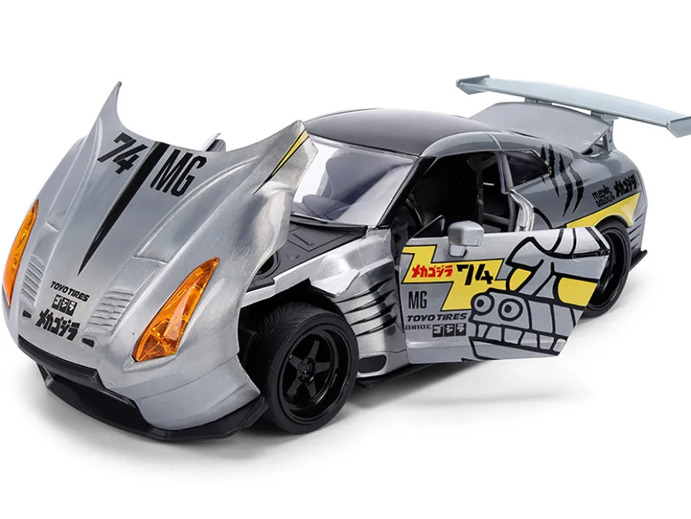 2009 Nissan GT-R (R35) Ben Sopra Brushed Metal with Black Top and Graphics and Mechagodzilla Diecast Figure "Godzilla" Franchise "Anime Hollywood Rides" Series 1/24 Diecast Model by Jada
