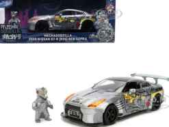 2009 Nissan GT-R (R35) Ben Sopra Brushed Metal with Black Top and Graphics and Mechagodzilla Diecast Figure