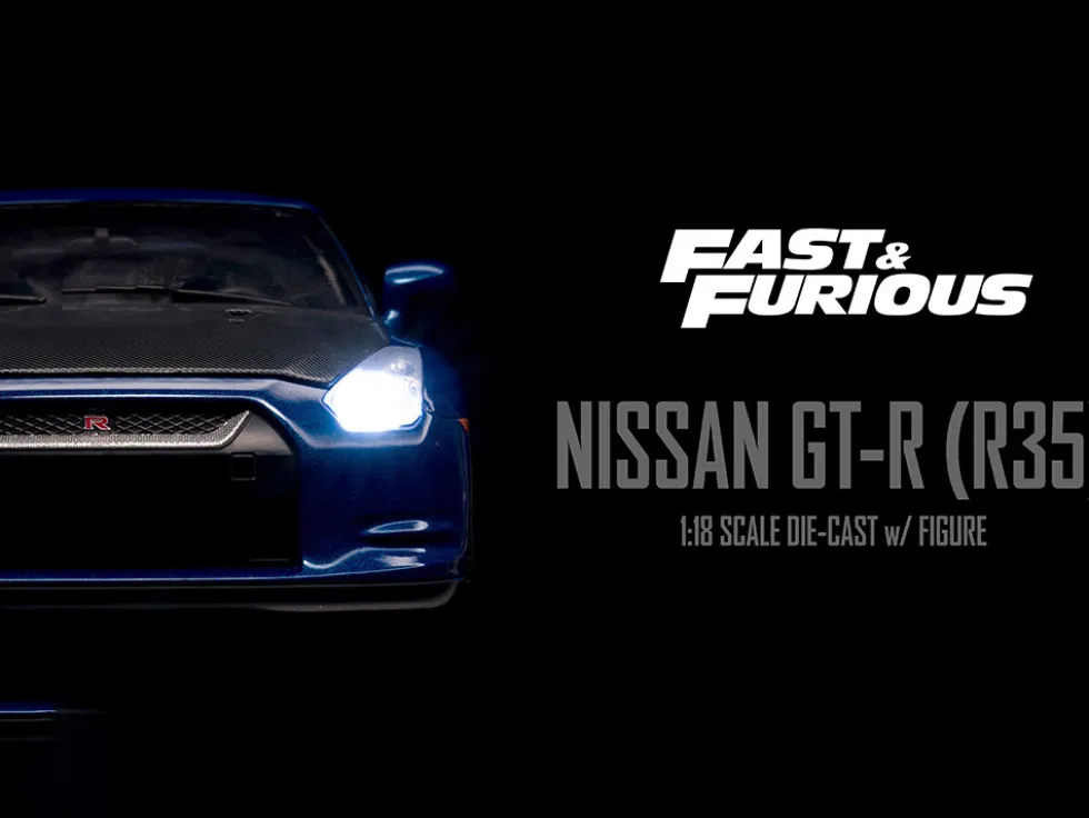 2009 Nissan GT-R R35 Blue Metallic Carbon Lights Brian Figurine Fast & Furious Movie 1/18 Diecast Model Car Jada 31142