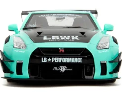 Nissan GT-R (R35) Liberty Walk Body Kit 2.0 RHD (Right Hand Drive) Light Blue with Black Hood and White Stripes "Pink Slips" Series 1/18 Diecast Model Car by Jada