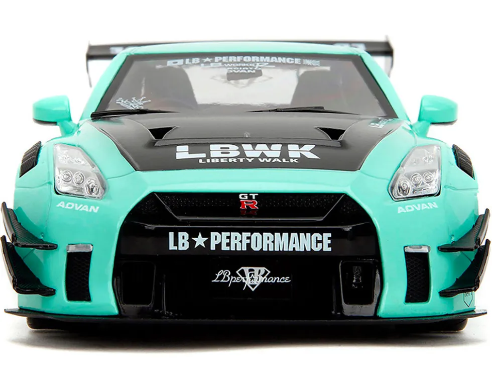 Nissan GT-R (R35) Liberty Walk Body Kit 2.0 RHD (Right Hand Drive) Light Blue with Black Hood and White Stripes "Pink Slips" Series 1/18 Diecast Model Car by Jada