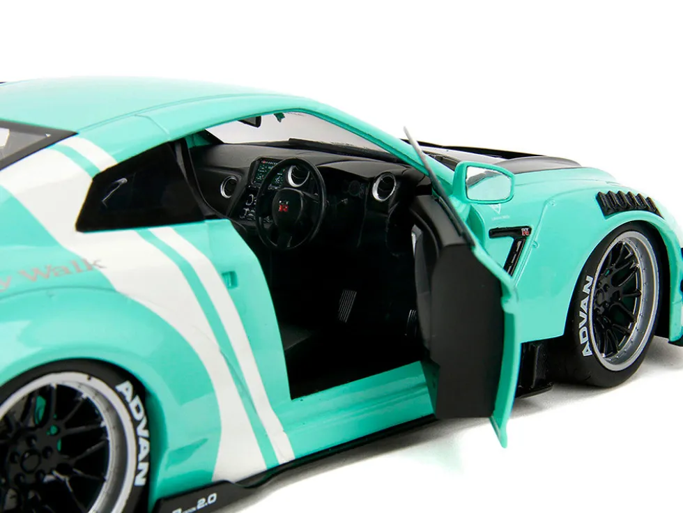 Nissan GT-R (R35) Liberty Walk Body Kit 2.0 RHD (Right Hand Drive) Light Blue with Black Hood and White Stripes "Pink Slips" Series 1/18 Diecast Model Car by Jada