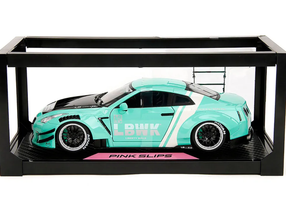 Nissan GT-R (R35) Liberty Walk Body Kit 2.0 RHD (Right Hand Drive) Light Blue with Black Hood and White Stripes "Pink Slips" Series 1/18 Diecast Model Car by Jada