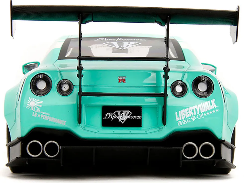 Nissan GT-R (R35) Liberty Walk Body Kit 2.0 RHD (Right Hand Drive) Light Blue with Black Hood and White Stripes "Pink Slips" Series 1/18 Diecast Model Car by Jada