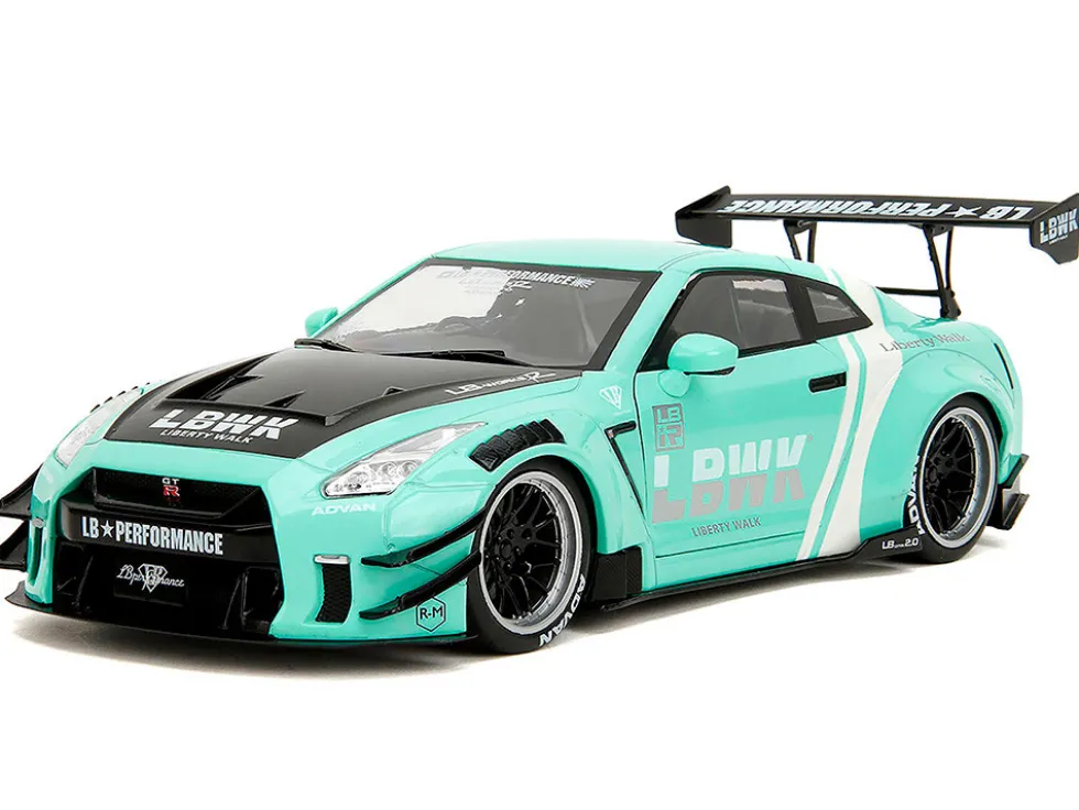 Nissan GT-R (R35) Liberty Walk Body Kit 2.0 RHD (Right Hand Drive) Light Blue with Black Hood and White Stripes "Pink Slips" Series 1/18 Diecast Model Car by Jada