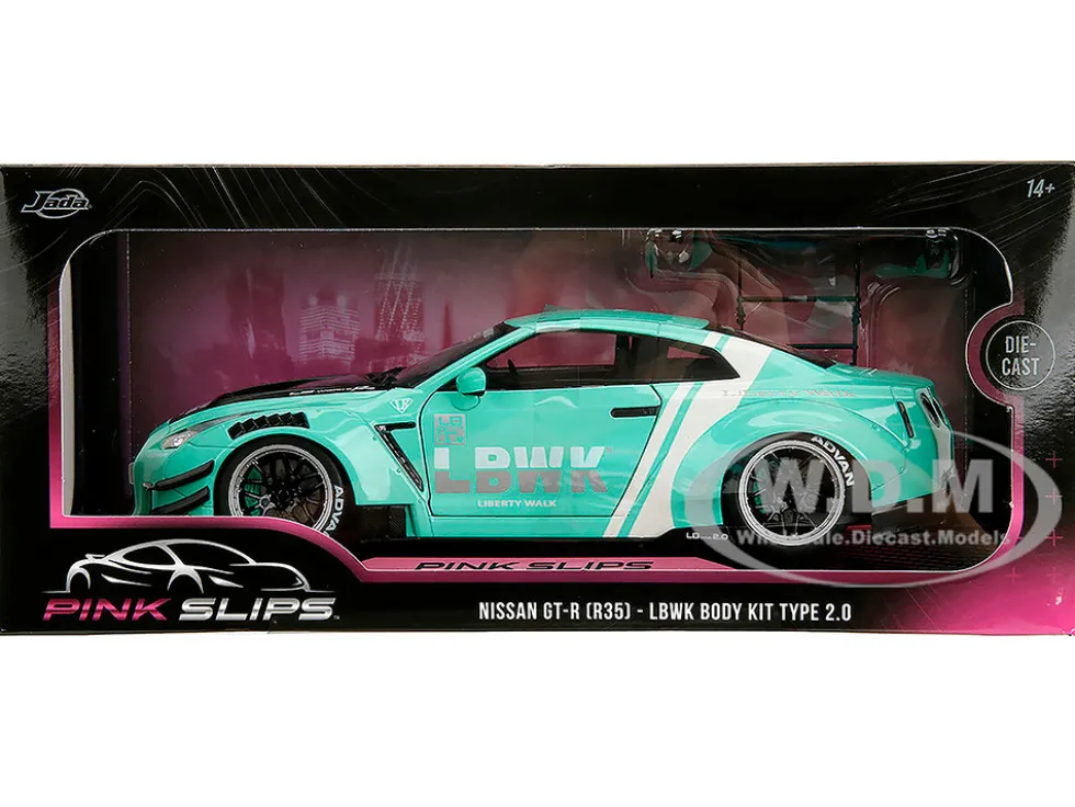 Nissan GT-R (R35) Liberty Walk Body Kit 2.0 RHD (Right Hand Drive) Light Blue with Black Hood and White Stripes "Pink Slips" Series 1/18 Diecast Model Car by Jada