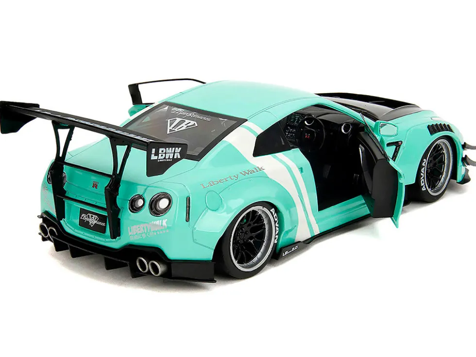 Nissan GT-R (R35) Liberty Walk Body Kit 2.0 RHD (Right Hand Drive) Light Blue with Black Hood and White Stripes "Pink Slips" Series 1/18 Diecast Model Car by Jada