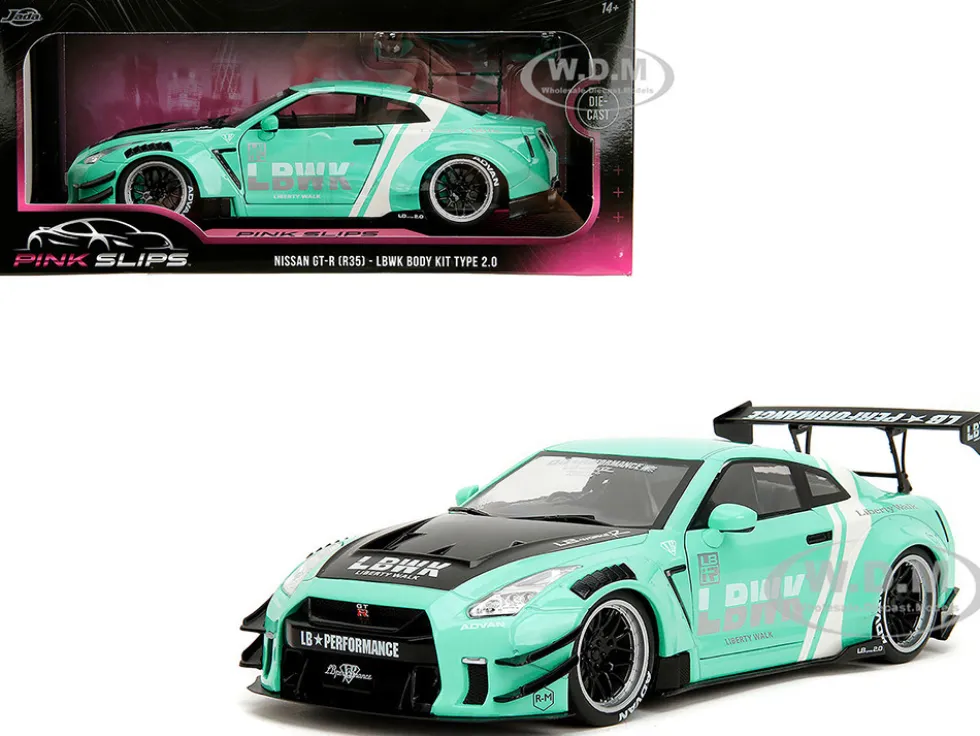 Nissan GT-R (R35) Liberty Walk Body Kit 2.0 RHD (Right Hand Drive) Light Blue with Black Hood and White Stripes "Pink Slips" Series 1/18 Diecast Model Car by Jada