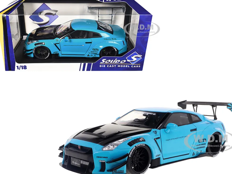 2023 Nissan GT-R (R35) Liberty Walk Body Kit 2.0 RHD (Right Hand Drive) Baby Blue with Carbon Hood 1/18 Diecast Model Car by Solido