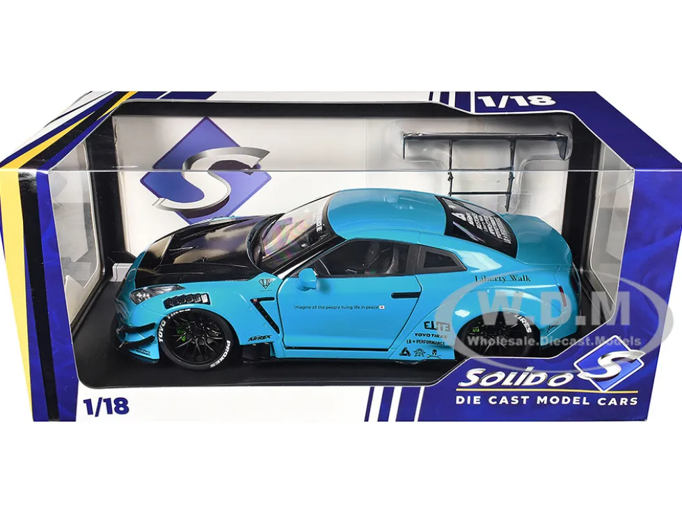 2023 Nissan GT-R (R35) Liberty Walk Body Kit 2.0 RHD (Right Hand Drive) Baby Blue with Carbon Hood 1/18 Diecast Model Car by Solido