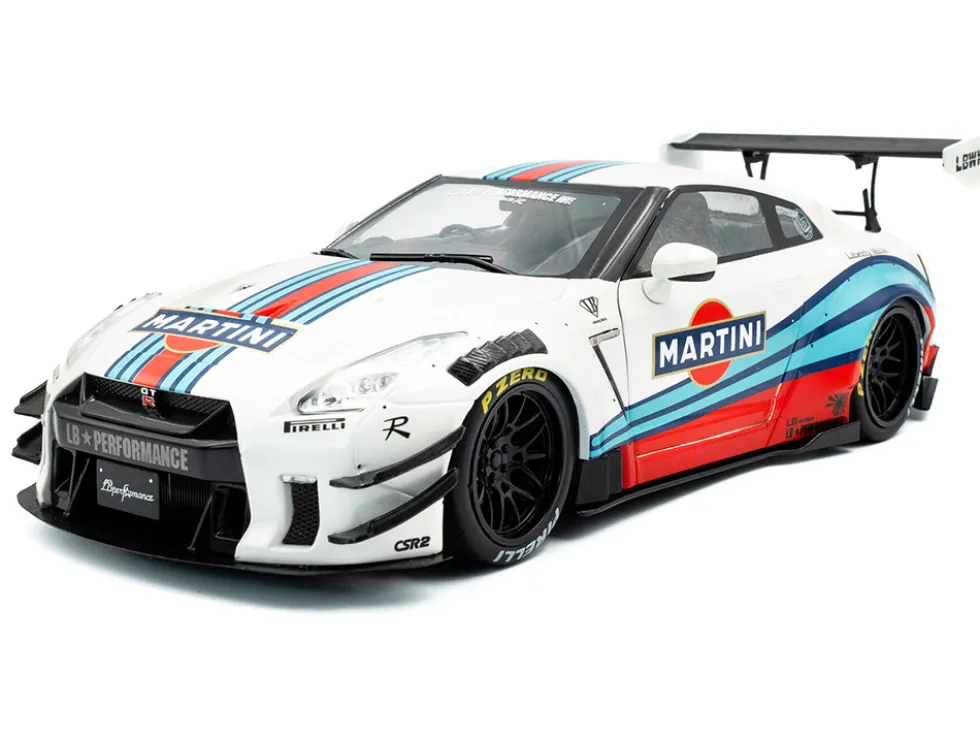2024 Nissan GT-R (R35) RHD (Right Hand Drive) with Liberty Walk 2.0 Body Kit "Martini Racing" White with Stripes 1/18 Diecast Model Car by Solido