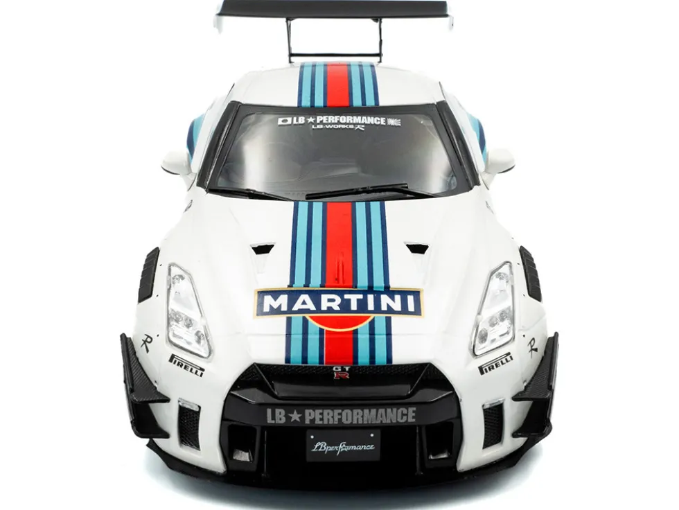 2024 Nissan GT-R (R35) RHD (Right Hand Drive) with Liberty Walk 2.0 Body Kit "Martini Racing" White with Stripes 1/18 Diecast Model Car by Solido