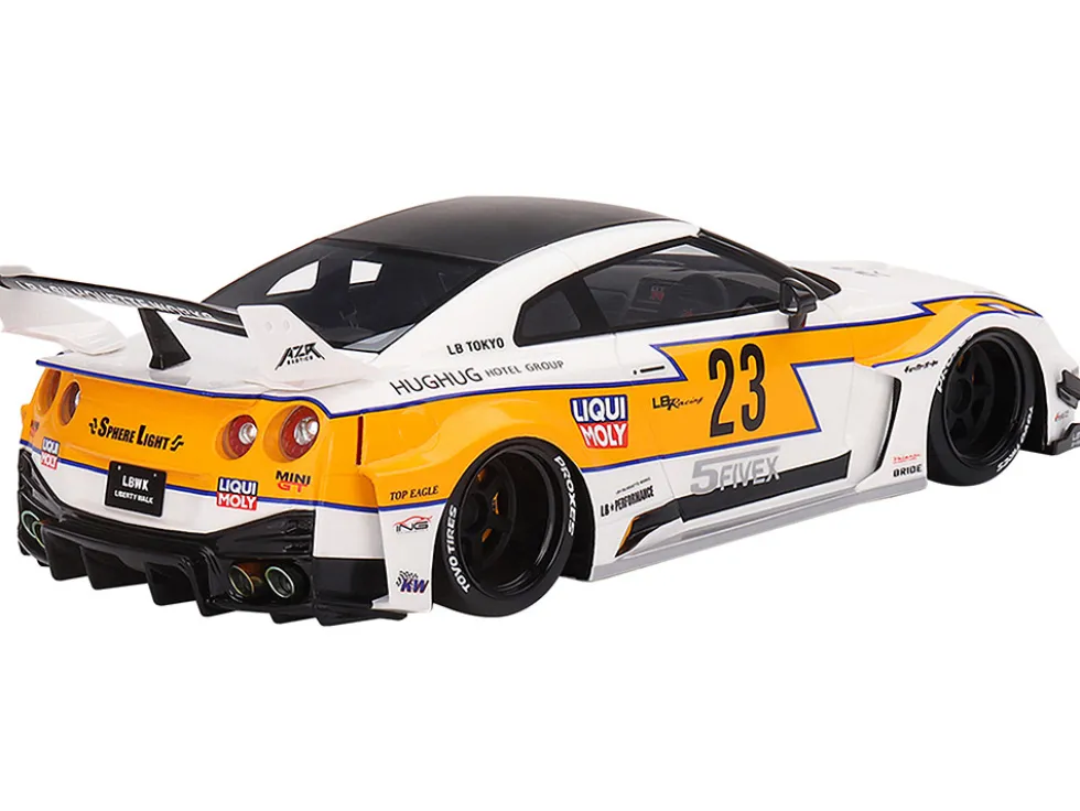 Nissan LB Silhouette WORKS GT 35GT RR Ver 1 RHD Right Hand Drive #23 White with Yellow Stripes LB Racing 1/18 Model Car Top Speed TS0465