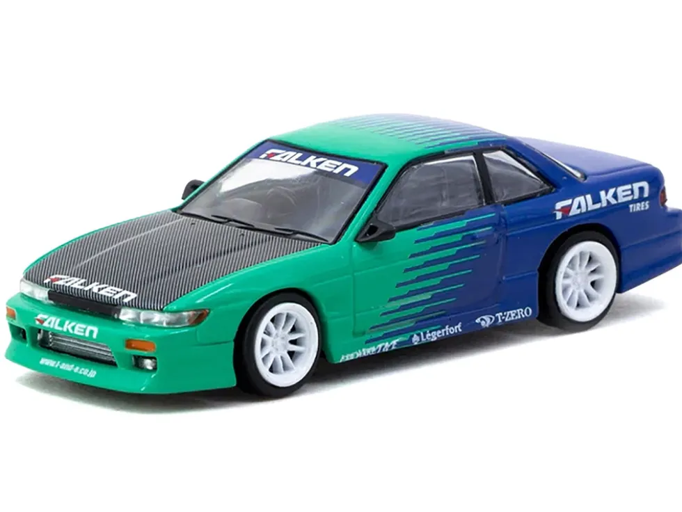 Nissan Silvia (S13) Vertex RHD (Right Hand Drive) "Falken Tires" Green and Blue wuth Carbon Hood "Global64" Series 1/64 Diecast Model by Tarmac Works