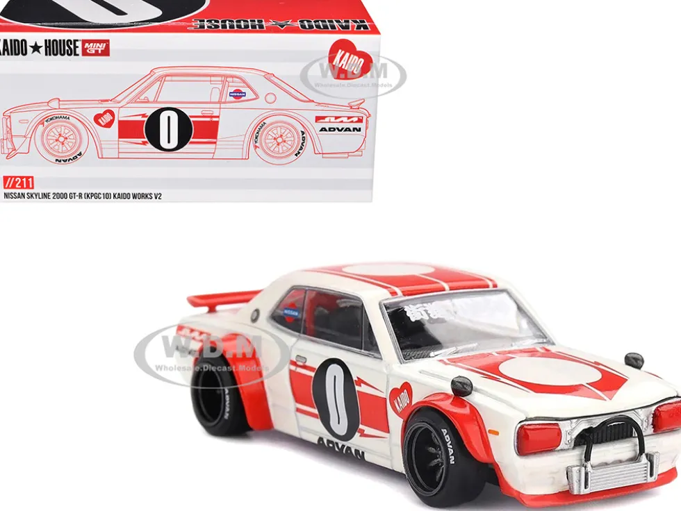 Nissan Skyline 2000GT-R (KPGC10) "Kaido Works V2" RHD (Right Hand Drive) White with Red Stripes (Designed by Jun Imai) "Kaido House" Special 1/64 Diecast Model Car by Mini GT