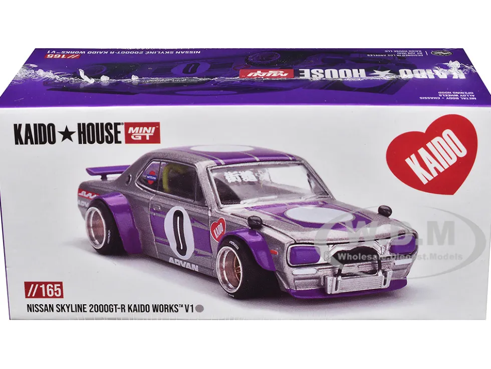 Nissan Skyline 2000GT-R (KPGC10) "Kaido Works V1" RHD (Right Hand Drive) #0 Silver Metallic with Purple Stripes (Designed by Jun Imai) "Kaido House" Special 1/64 Diecast Model Car by Mini GT