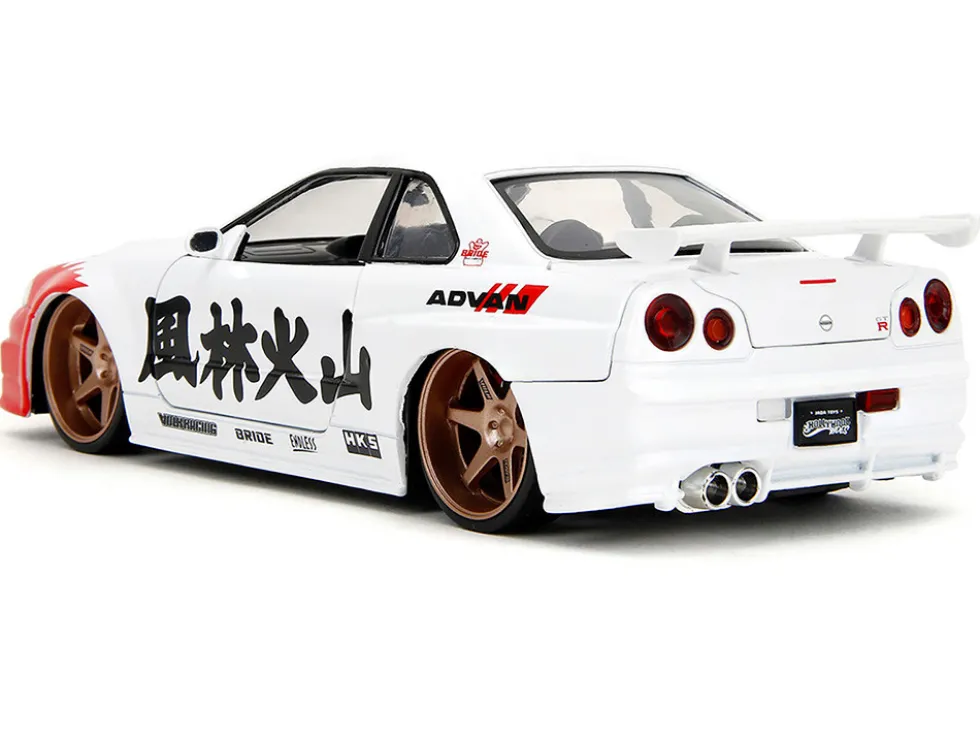 2002 Nissan Skyline GT-R (R34) RHD (Right Hand Drive) White with Red Graphics and Ryu Diecast Figure "Street Fighter" Video Game "Anime Hollywood Rides" Series 1/24 Diecast Model Car by Jada