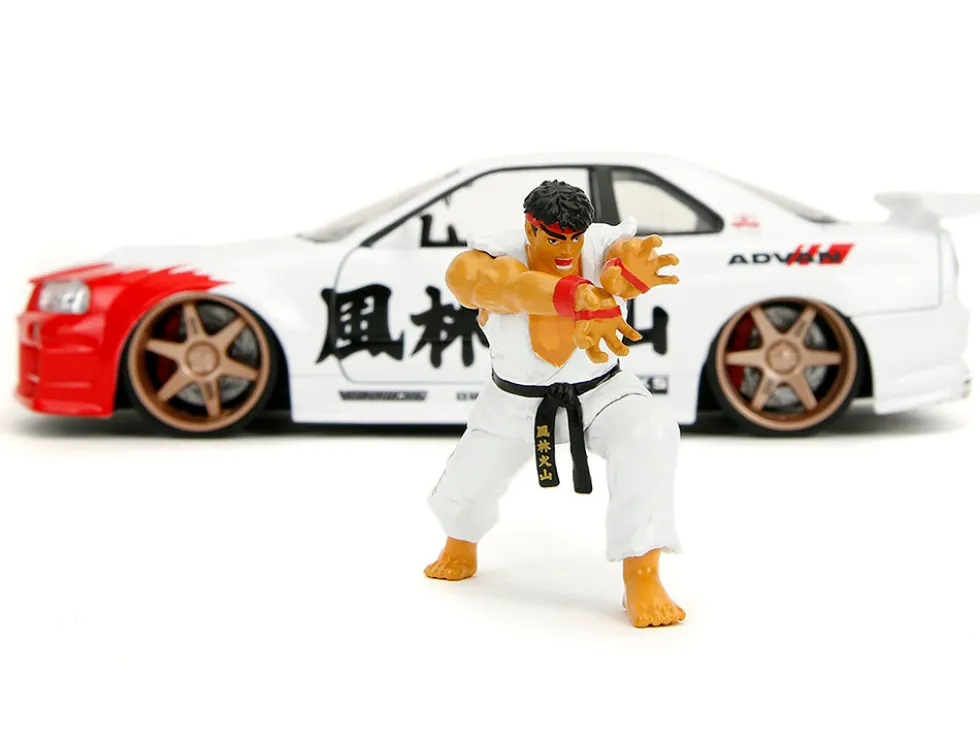 2002 Nissan Skyline GT-R (R34) RHD (Right Hand Drive) White with Red Graphics and Ryu Diecast Figure "Street Fighter" Video Game "Anime Hollywood Rides" Series 1/24 Diecast Model Car by Jada