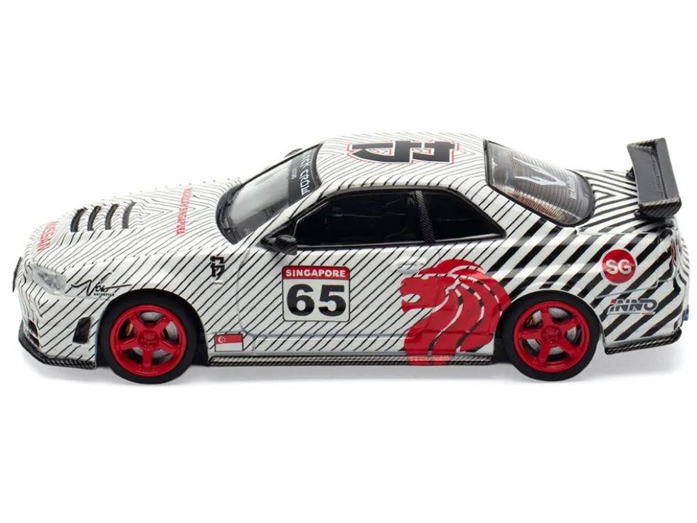 Nissan Skyline GT-R (R34) RHD (Right Hand Drive) #65 "Black Crow" White with Black Pinstripes "Singapore Diecast Expo 2025 Event Edition" 1/64 Diecast Model Car by Inno Models