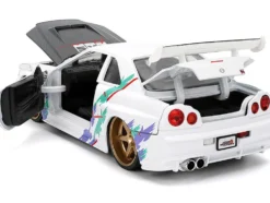 2002 Nissan Skyline GT-R (R34) RHD (Right Hand Drive) "HKS Power" White with Carbon Hood and Graphics "JDM Tuners" Series 1/24 Diecast Model Car by Jada