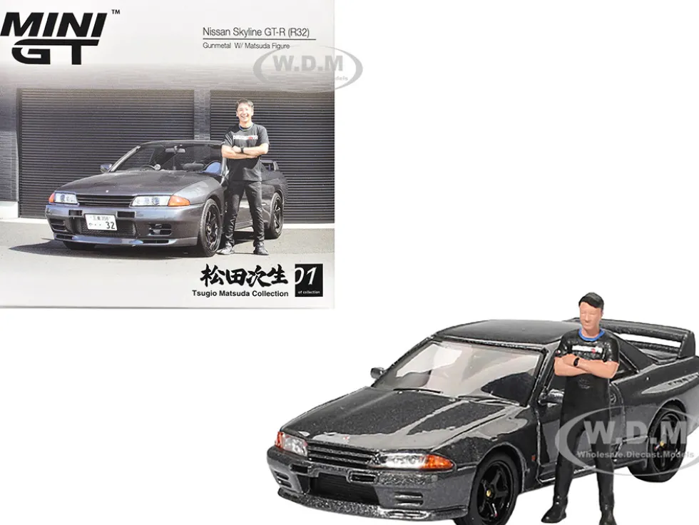 Nissan Skyline GT-R (R32) RHD (Right Hand Drive) Gunmetal Gray Metallic with Tsugio Matsuda Figure Limited Edition 1/64 Diecast Model Car by Mini GT