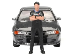 Nissan Skyline GT-R (R32) RHD (Right Hand Drive) Gunmetal Gray Metallic with Tsugio Matsuda Figure Limited Edition 1/64 Diecast Model Car by Mini GT