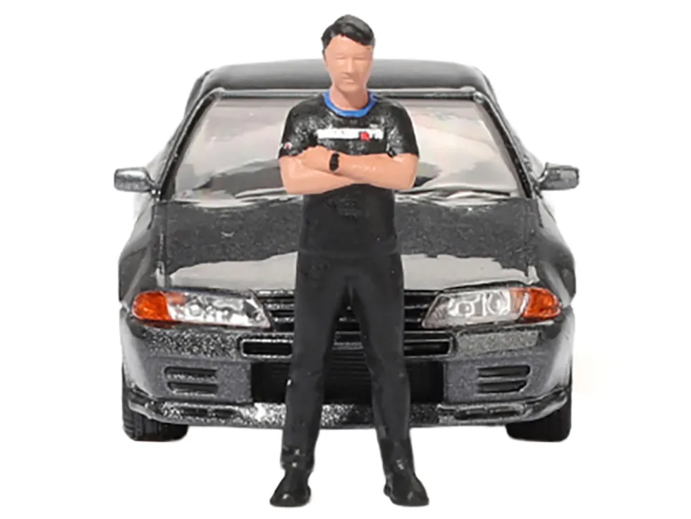 Nissan Skyline GT-R (R32) RHD (Right Hand Drive) Gunmetal Gray Metallic with Tsugio Matsuda Figure Limited Edition 1/64 Diecast Model Car by Mini GT
