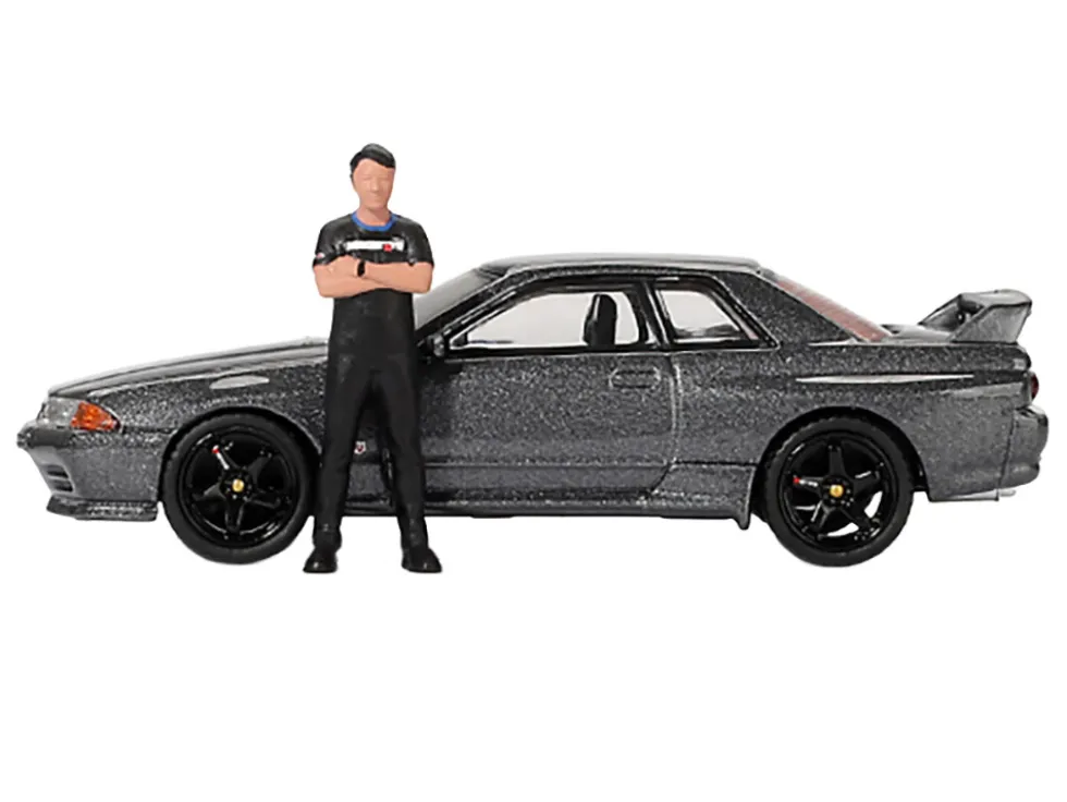 Nissan Skyline GT-R (R32) RHD (Right Hand Drive) Gunmetal Gray Metallic with Tsugio Matsuda Figure Limited Edition 1/64 Diecast Model Car by Mini GT