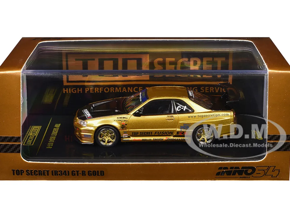 Nissan Skyline GT-R (R34) RHD (Right Hand Drive) "Top Secret" Gold Metallic with Carbon Hood and Trunk 1/64 Diecast Model Car by Inno Models