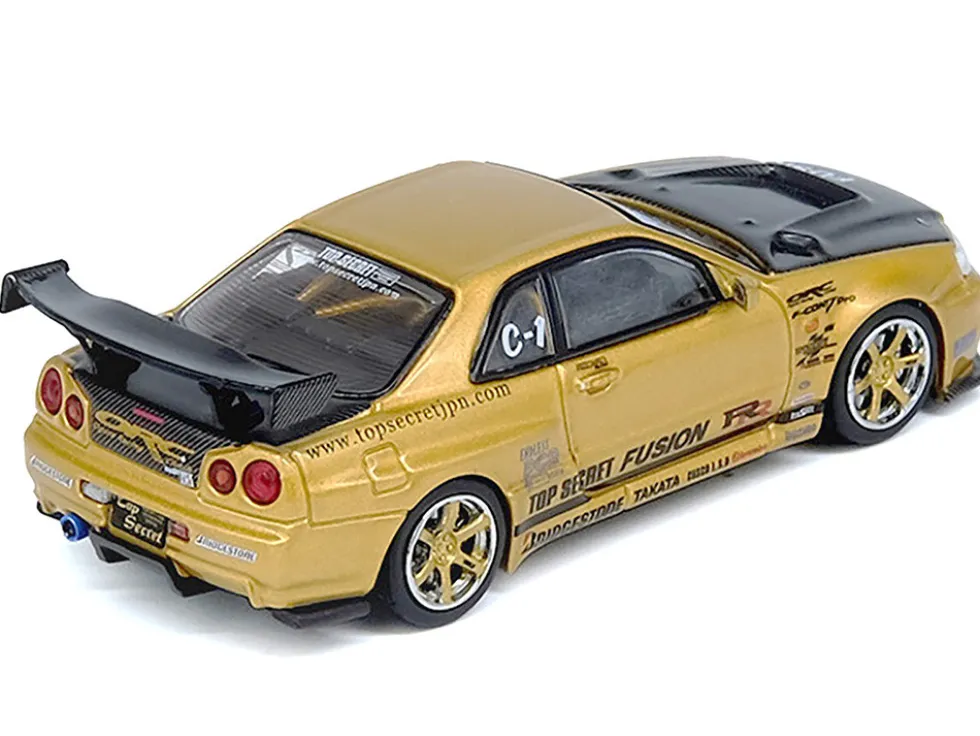 Nissan Skyline GT-R (R34) RHD (Right Hand Drive) "Top Secret" Gold Metallic with Carbon Hood and Trunk 1/64 Diecast Model Car by Inno Models